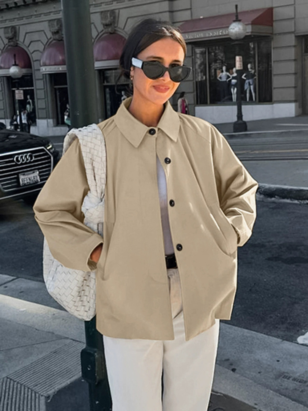 Forever 21 Khaki Cargo Trench Coat Loose Mid Length Lapel Fall